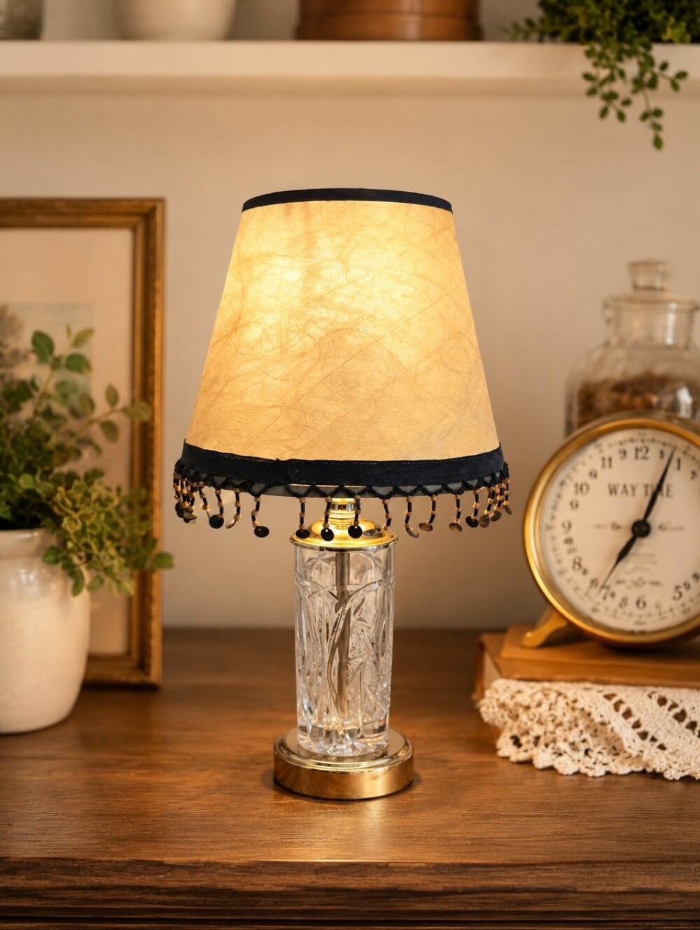 VTG 70s Cut Glass Pinwheel Star Cylinder Lamp Polished Brass Fringed Paper Shade